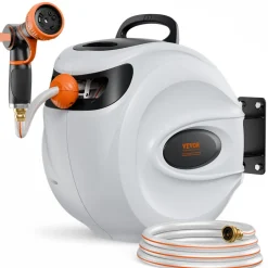 VEVOR Retractable Hose Reel, 100 ft x 1/2 inch, 180° Swivel Bracket Wall-Mounted, Garden Water Hose Reel with 9-Pattern Nozzle, Automatic Rewind, Lock at Any Length, and Slow Return System