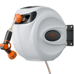 VEVOR Retractable Hose Reel, 100 ft x 1/2 inch, 180° Swivel Bracket Wall-Mounted, Garden Water Hose Reel with 9-Pattern Nozzle, Automatic Rewind, Lock at Any Length, and Slow Return System