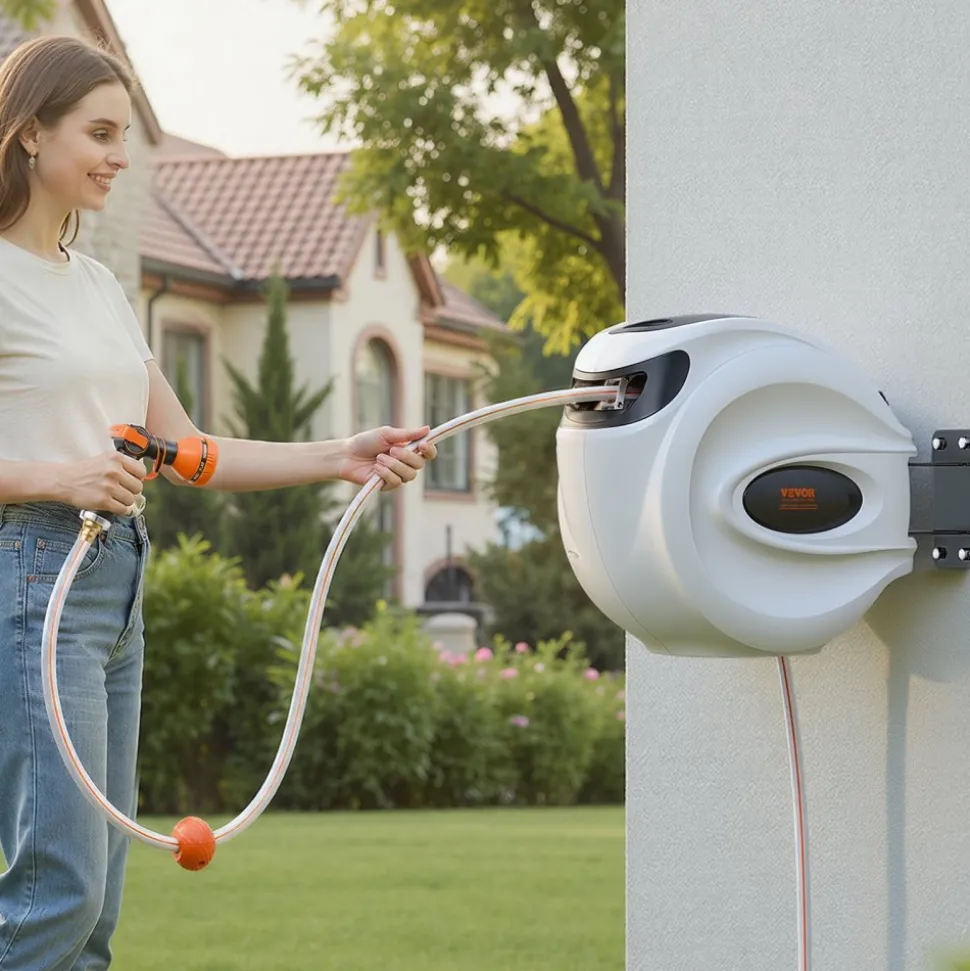 VEVOR Retractable Hose Reel, 100 ft x 1/2 inch, 180° Swivel Bracket Wall-Mounted, Garden Water Hose Reel with 9-Pattern Nozzle, Automatic Rewind, Lock at Any Length, and Slow Return System