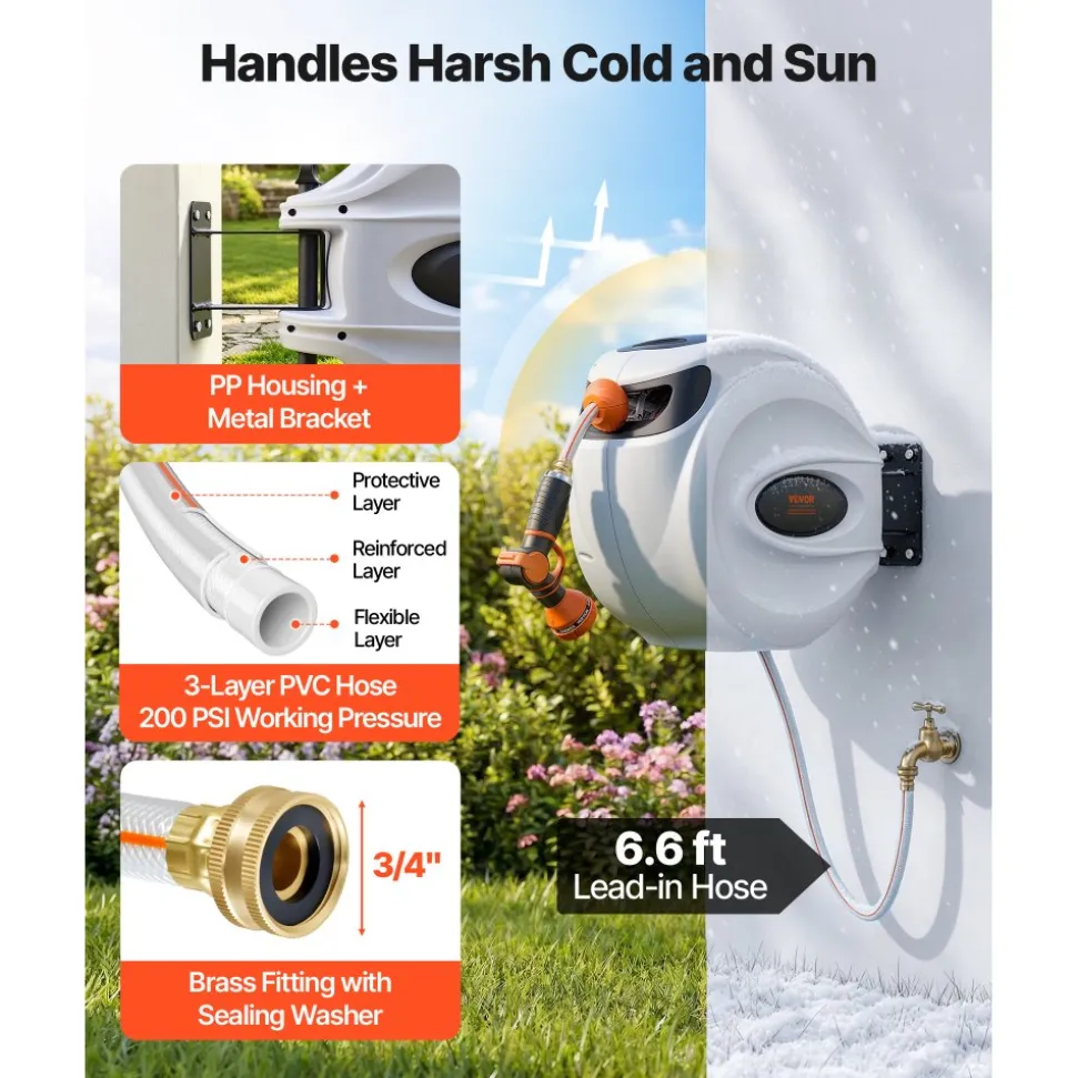 VEVOR Retractable Hose Reel, 100 ft x 1/2 inch, 180° Swivel Bracket Wall-Mounted, Garden Water Hose Reel with 9-Pattern Nozzle, Automatic Rewind, Lock at Any Length, and Slow Return System