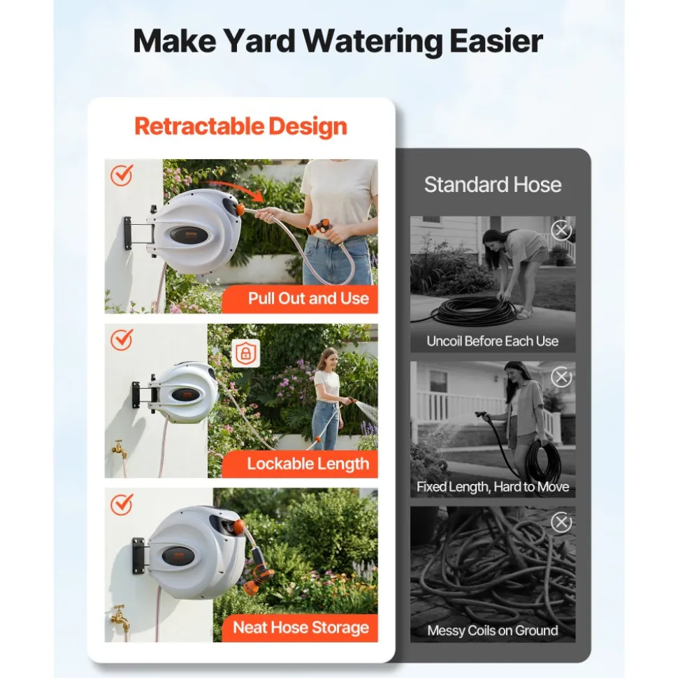 VEVOR Retractable Hose Reel, 100 ft x 1/2 inch, 180° Swivel Bracket Wall-Mounted, Garden Water Hose Reel with 9-Pattern Nozzle, Automatic Rewind, Lock at Any Length, and Slow Return System