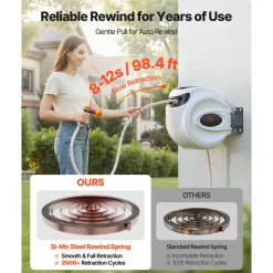 VEVOR Retractable Hose Reel, 100 ft x 1/2 inch, 180° Swivel Bracket Wall-Mounted, Garden Water Hose Reel with 9-Pattern Nozzle, Automatic Rewind, Lock at Any Length, and Slow Return System