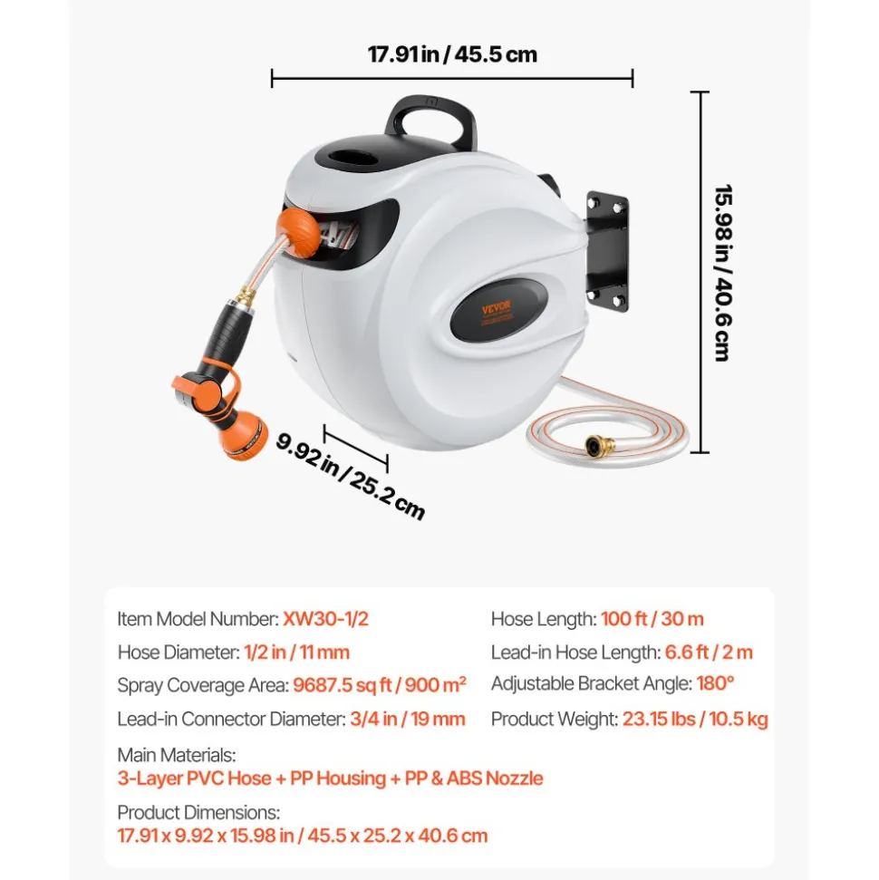 VEVOR Retractable Hose Reel, 100 ft x 1/2 inch, 180° Swivel Bracket Wall-Mounted, Garden Water Hose Reel with 9-Pattern Nozzle, Automatic Rewind, Lock at Any Length, and Slow Return System