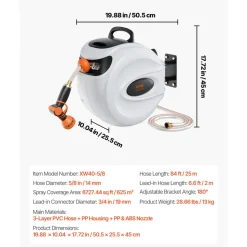VEVOR Retractable Hose Reel, 84 ft x 5/8 inch, 180° Swivel Bracket Wall-Mounted, Garden Water Hose Reel with 9-Pattern Nozzle, Automatic Rewind, Lock at Any Length, and Slow Return System