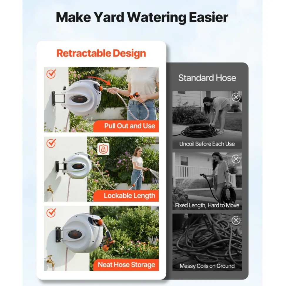 VEVOR Retractable Hose Reel, 84 ft x 5/8 inch, 180° Swivel Bracket Wall-Mounted, Garden Water Hose Reel with 9-Pattern Nozzle, Automatic Rewind, Lock at Any Length, and Slow Return System