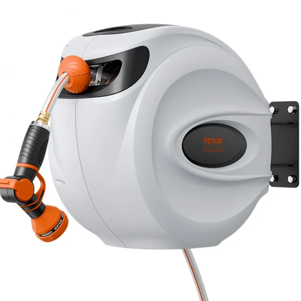 VEVOR Retractable Hose Reel, 84 ft x 5/8 inch, 180° Swivel Bracket Wall-Mounted, Garden Water Hose Reel with 9-Pattern Nozzle, Automatic Rewind, Lock at Any Length, and Slow Return System