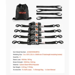 VEVOR Retractable Ratchet Straps, 1 in x 10 ft, Tie Down Straps with S Hooks, 1200 lbs Break Strength, 4 Soft Loops, Tie Down Ratcheting for Moving, Trailers, Motorcycles, Kayaks, Car Roof, 4 Pack