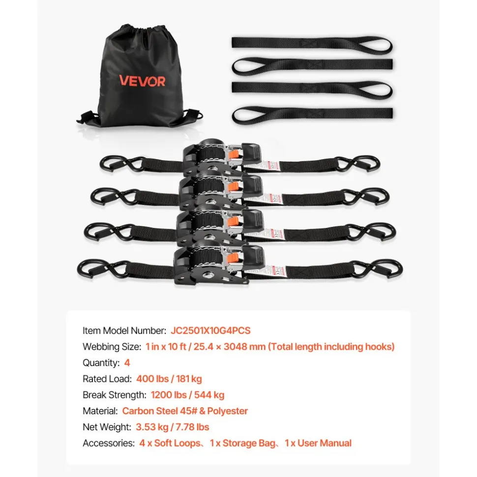 VEVOR Retractable Ratchet Straps, 1 in x 10 ft, Tie Down Straps with S Hooks, 1200 lbs Break Strength, 4 Soft Loops, Tie Down Ratcheting for Moving, Trailers, Motorcycles, Kayaks, Car Roof, 4 Pack