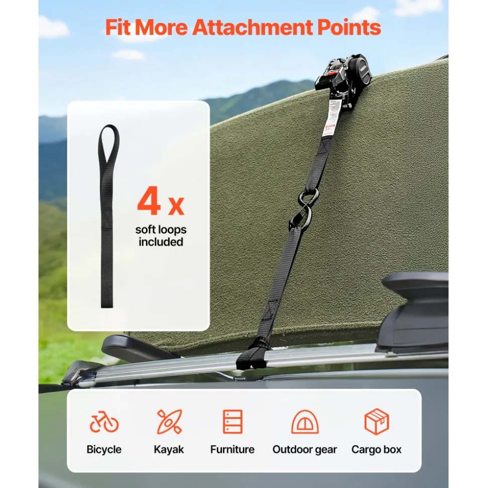 VEVOR Retractable Ratchet Straps, 1 in x 10 ft, Tie Down Straps with S Hooks, 1200 lbs Break Strength, 4 Soft Loops, Tie Down Ratcheting for Moving, Trailers, Motorcycles, Kayaks, Car Roof, 4 Pack
