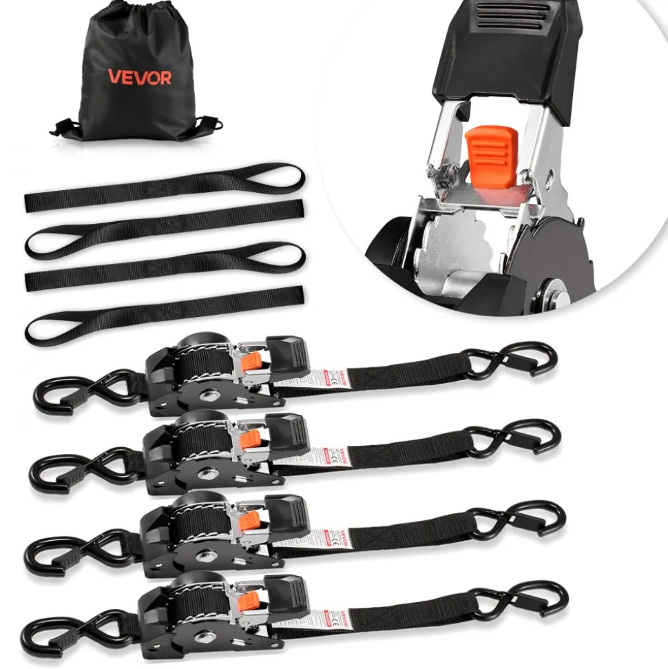 VEVOR Retractable Ratchet Straps, 1 in x 10 ft, Tie Down Straps with S Hooks, 1200 lbs Break Strength, 4 Soft Loops, Tie Down Ratcheting for Moving, Trailers, Motorcycles, Kayaks, Car Roof, 4 Pack