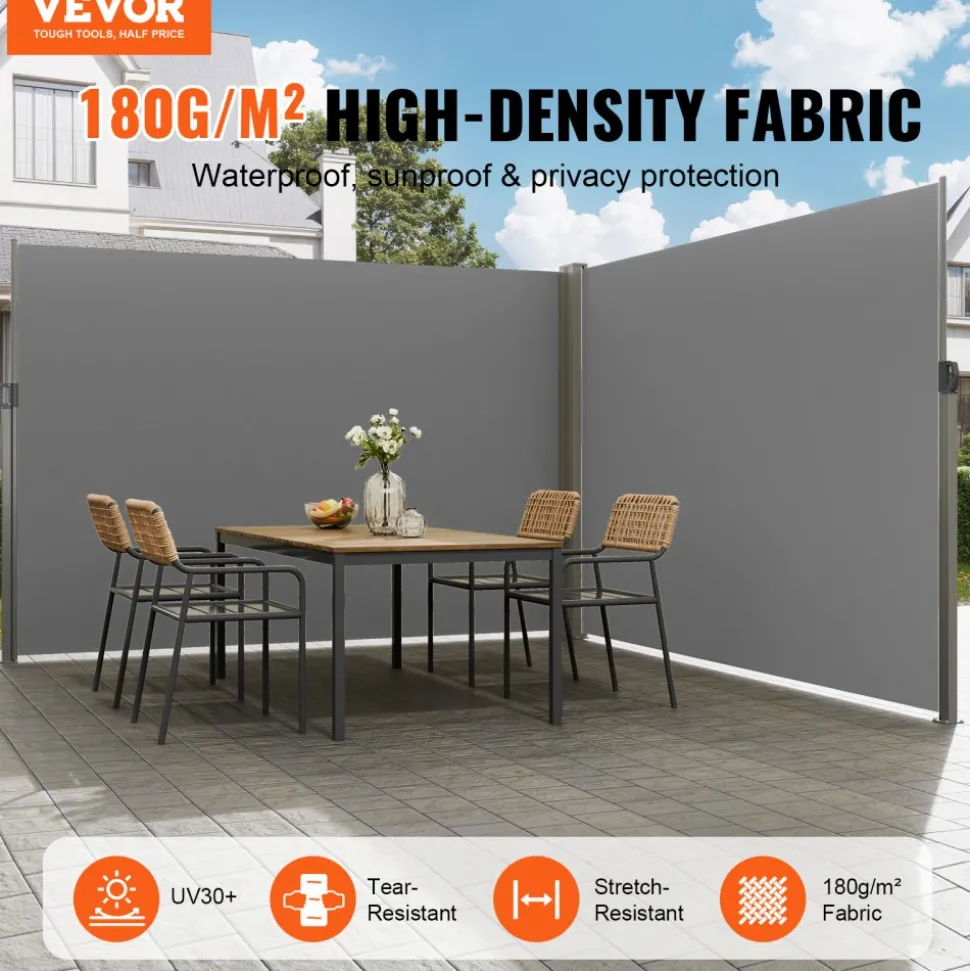 VEVOR Retractable Side Awning, 79''x 236'' Outdoor Privacy Screen, 180g Polyester Water-proof Retractable Patio Screen, UV 30+ Room Divider Wind Screen for Patio, Backyard, Balcony, Gray