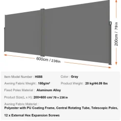 VEVOR Retractable Side Awning, 79''x 236'' Outdoor Privacy Screen, 180g Polyester Water-proof Retractable Patio Screen, UV 30+ Room Divider Wind Screen for Patio, Backyard, Balcony, Gray