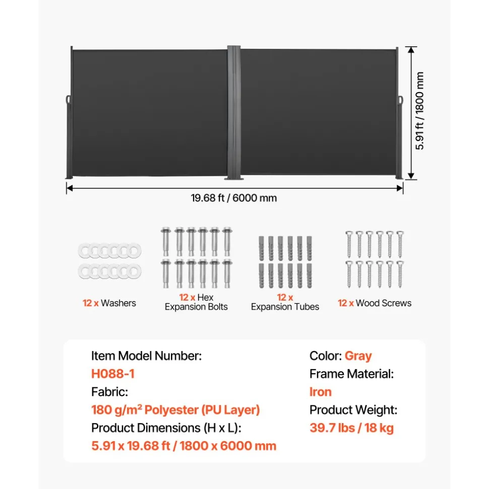 VEVOR Retractable Side Awning, 71" x 236" Patio Retractable Side Screen with 180 g/m² Polyester Fabric, Waterproof Sunshade Outdoor Privacy Screen Room Divider for Garden, Balcony, Pools, Deck, Gray