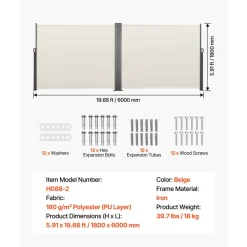 VEVOR Retractable Side Awning, 71''x 118'' Aluminum Outdoor Privacy Screen, 280g Polyester Water-proof Retractable Patio Screen, UV 30+ Room Divider Wind Screen for Patio, Backyard, Balcony, Gray
