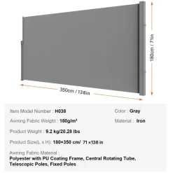 VEVOR Retractable Side Awning, 71''x 138'' Outdoor Privacy Screen, 180g Polyester Water-proof Retractable Patio Screen, UV 30+ Room Divider Wind Screen for Patio, Backyard, Balcony, Gray