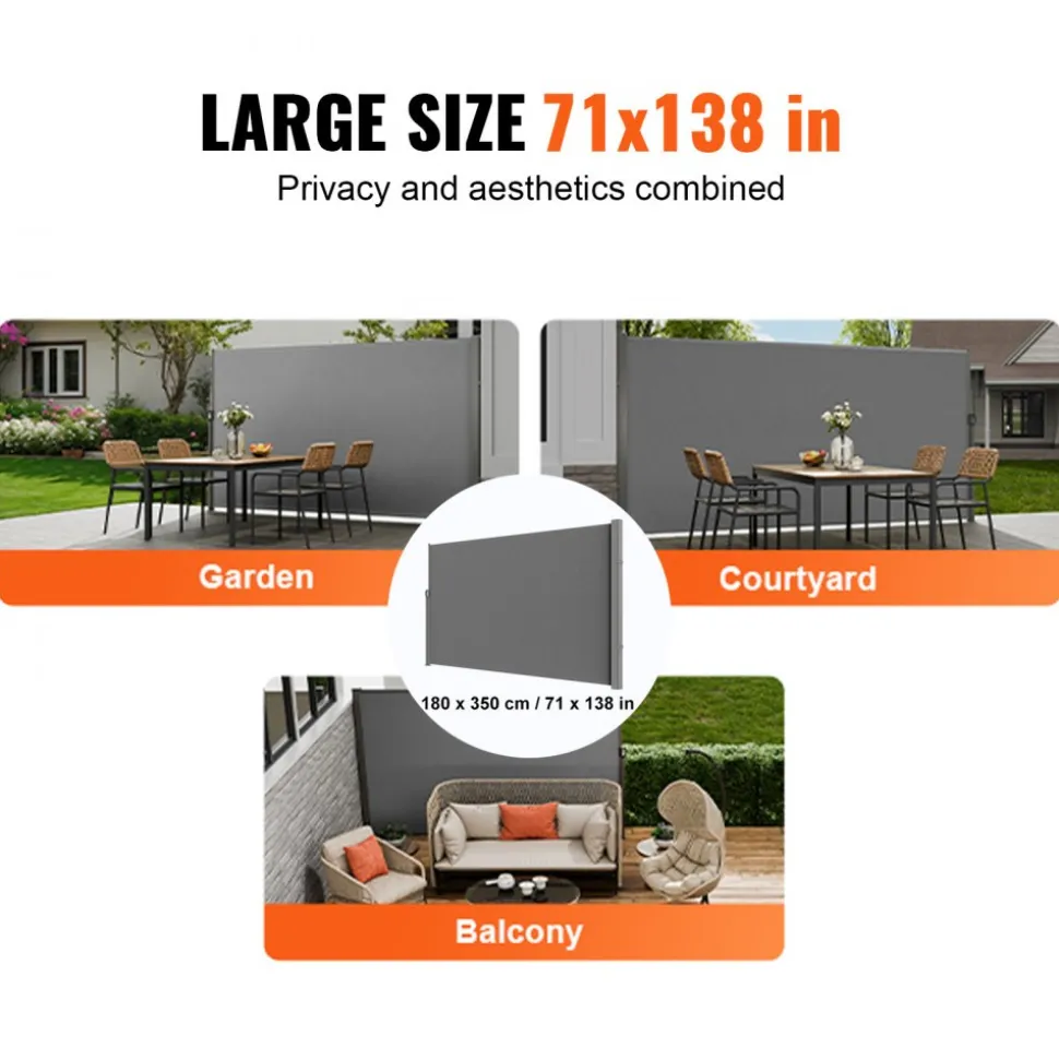 VEVOR Retractable Side Awning, 71''x 138'' Outdoor Privacy Screen, 180g Polyester Water-proof Retractable Patio Screen, UV 30+ Room Divider Wind Screen for Patio, Backyard, Balcony, Gray