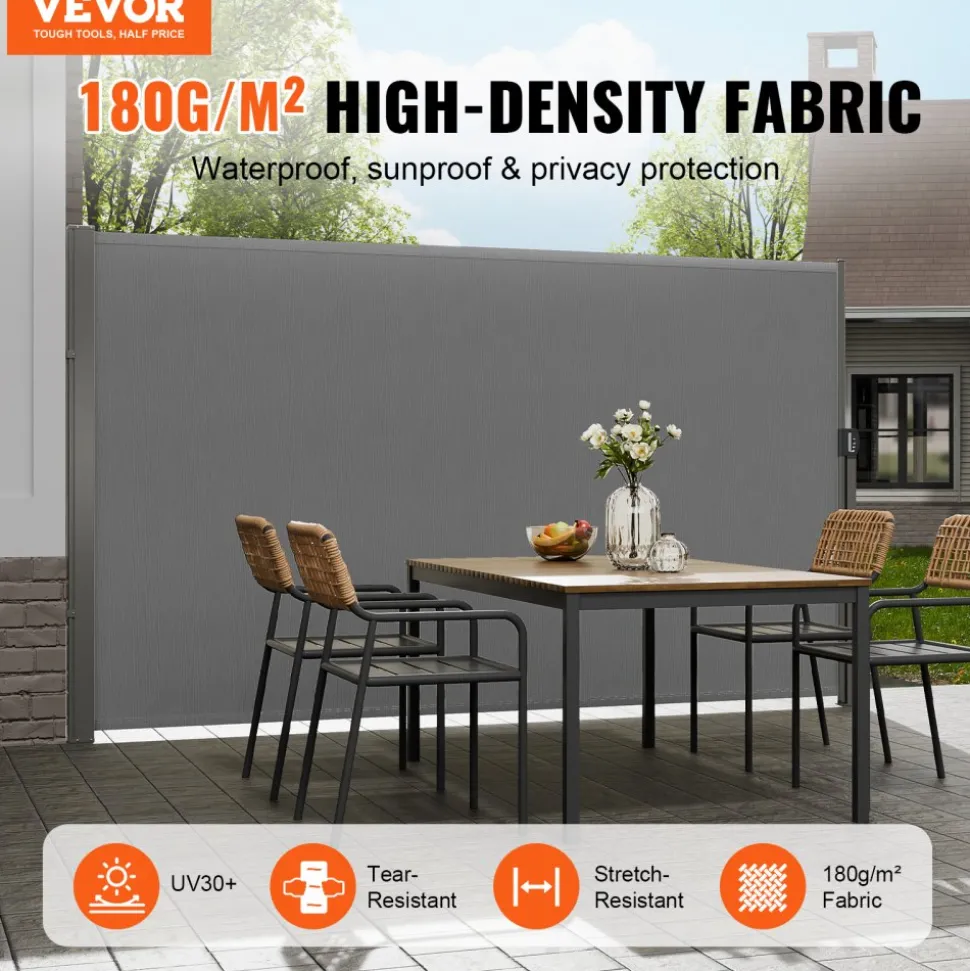 VEVOR Retractable Side Awning, 71''x 138'' Outdoor Privacy Screen, 180g Polyester Water-proof Retractable Patio Screen, UV 30+ Room Divider Wind Screen for Patio, Backyard, Balcony, Gray