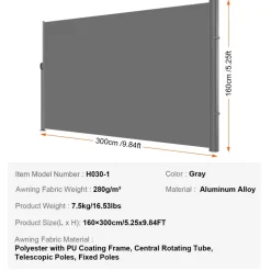 VEVOR Retractable Side Awning, 63''x 118'' Aluminum Outdoor Privacy Screen, 280g Polyester Water-proof Retractable Patio Screen, UV 30+ Room Divider Wind Screen for Patio, Backyard, Balcony, Gray