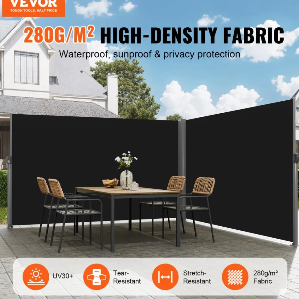 VEVOR Retractable Side Awning, 71''x 138'' Outdoor Privacy Screen, 180g Polyester Water-proof Retractable Patio Screen, UV 30+ Room Divider Wind Screen for Patio, Backyard, Balcony, Beige