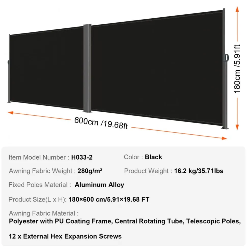VEVOR Retractable Side Awning, 71''x 138'' Outdoor Privacy Screen, 180g Polyester Water-proof Retractable Patio Screen, UV 30+ Room Divider Wind Screen for Patio, Backyard, Balcony, Beige