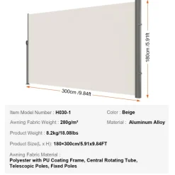 VEVOR Retractable Side Awning, 71''x 118'' Aluminum Outdoor Privacy Screen, 280g Polyester Water-proof Retractable Patio Screen, UV 30+ Room Divider Wind Screen for Patio, Backyard, Balcony, Beige