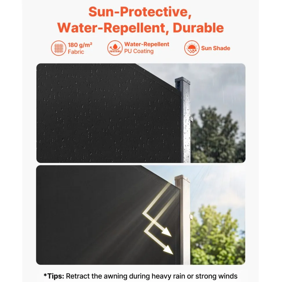 VEVOR Retractable Side Awning, 71" x 118" Patio Retractable Side Screen with 180 g/m² Polyester Fabric, Waterproof Sunshade Outdoor Privacy Screen Room Divider for Garden, Balcony, Pools, Deck, Black