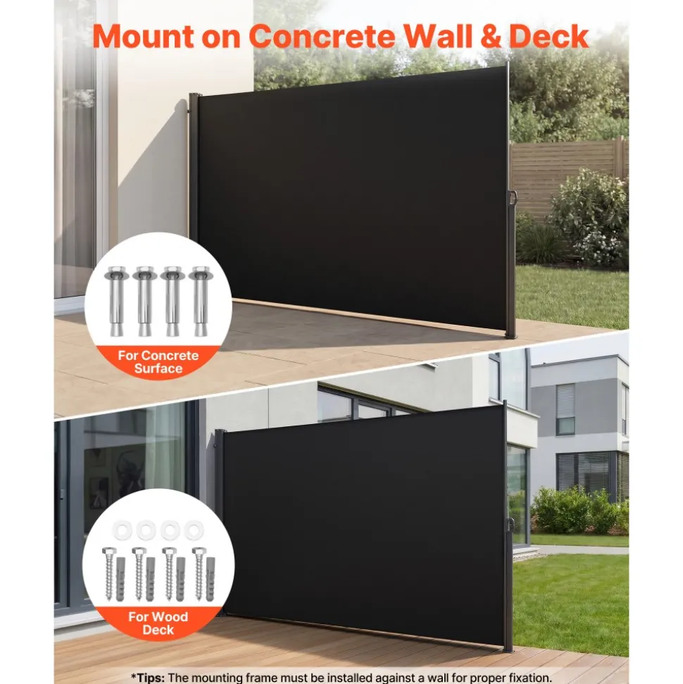 VEVOR Retractable Side Awning, 71" x 118" Patio Retractable Side Screen with 180 g/m² Polyester Fabric, Waterproof Sunshade Outdoor Privacy Screen Room Divider for Garden, Balcony, Pools, Deck, Black