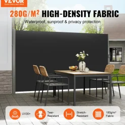 VEVOR Retractable Side Awning, 71''x 118'' Aluminum Outdoor Privacy Screen, 280g Polyester Water-proof Retractable Patio Screen, UV 30+ Room Divider Wind Screen for Patio, Backyard, Balcony, Black