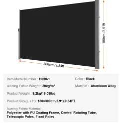 VEVOR Retractable Side Awning, 71''x 118'' Aluminum Outdoor Privacy Screen, 280g Polyester Water-proof Retractable Patio Screen, UV 30+ Room Divider Wind Screen for Patio, Backyard, Balcony, Black