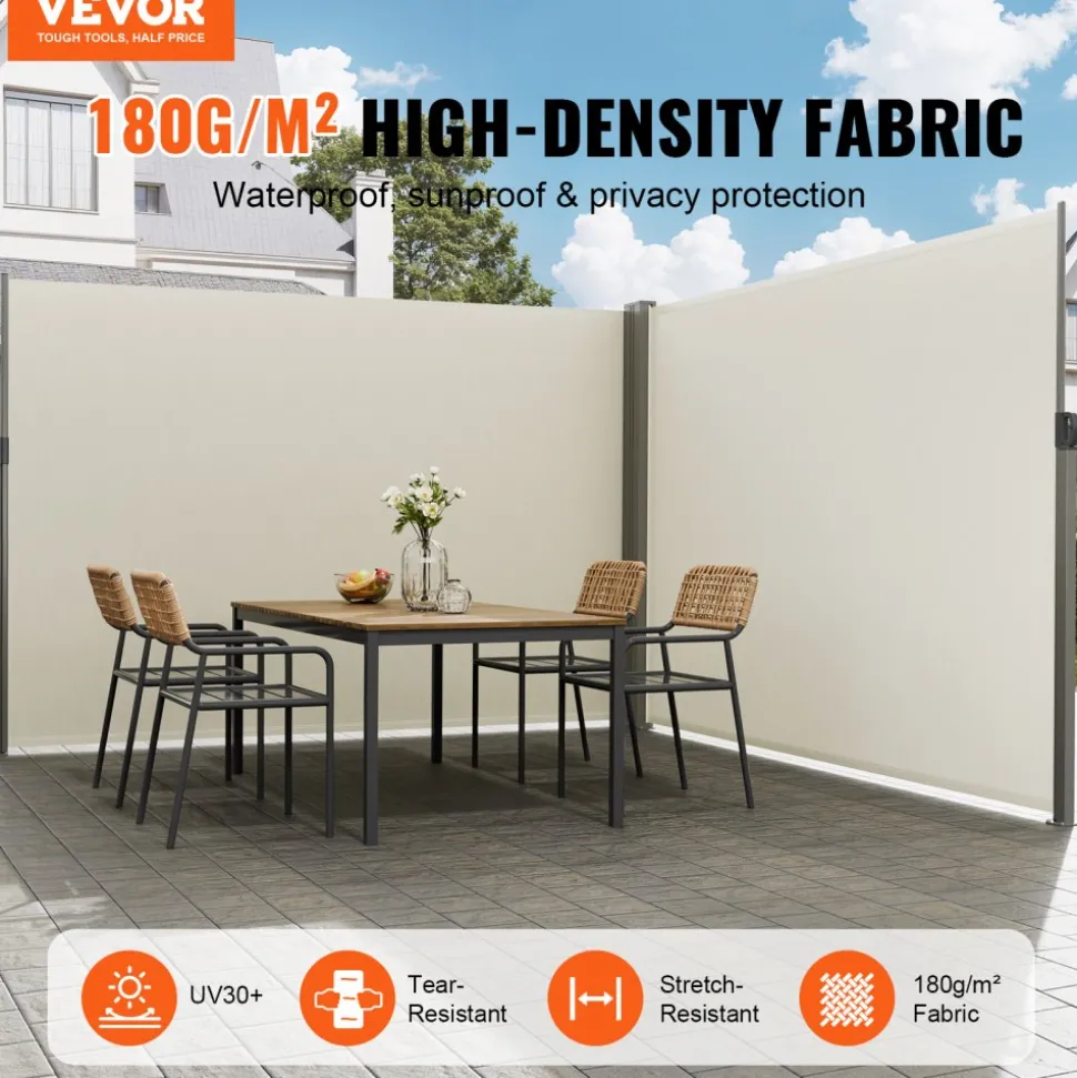 VEVOR Retractable Side Awning, 79''x 236'' Outdoor Privacy Screen, 180g Polyester Water-proof Retractable Patio Screen, UV 30+ Room Divider Wind Screen for Patio, Backyard, Balcony, Beige