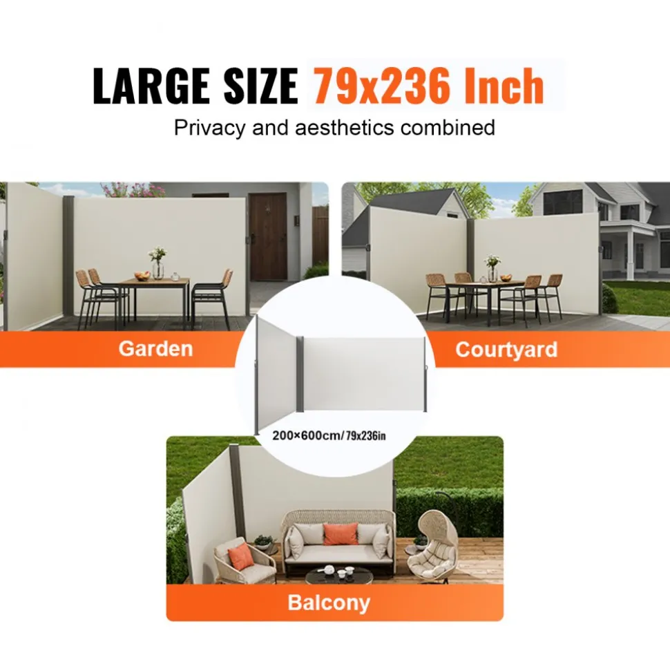 VEVOR Retractable Side Awning, 79''x 236'' Outdoor Privacy Screen, 180g Polyester Water-proof Retractable Patio Screen, UV 30+ Room Divider Wind Screen for Patio, Backyard, Balcony, Beige