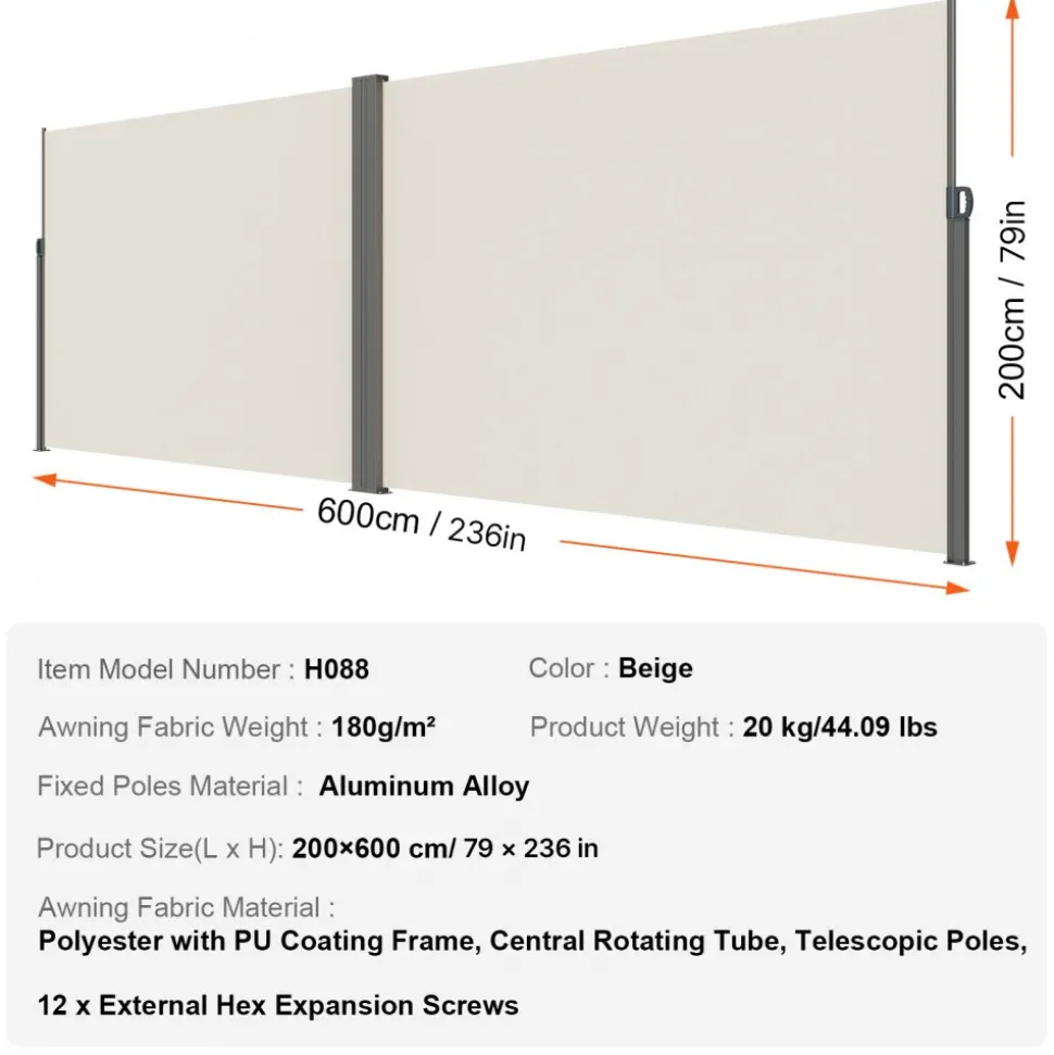 VEVOR Retractable Side Awning, 79''x 236'' Outdoor Privacy Screen, 180g Polyester Water-proof Retractable Patio Screen, UV 30+ Room Divider Wind Screen for Patio, Backyard, Balcony, Beige