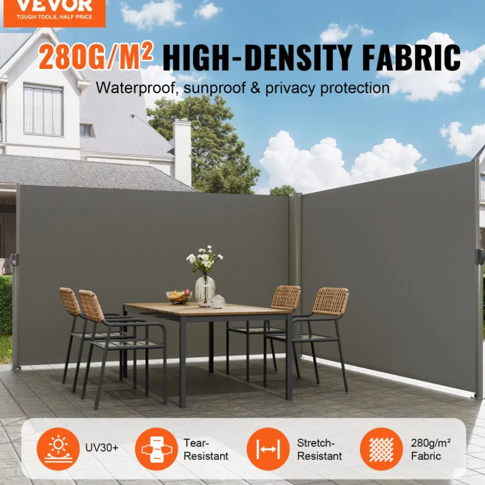 VEVOR Retractable Side Awning, 71''x 236'' Aluminum Outdoor Privacy Screen, 280g Polyester Water-proof Retractable Patio Screen, UV 30+ Room Divider Wind Screen for Patio, Backyard, Balcony, Gray