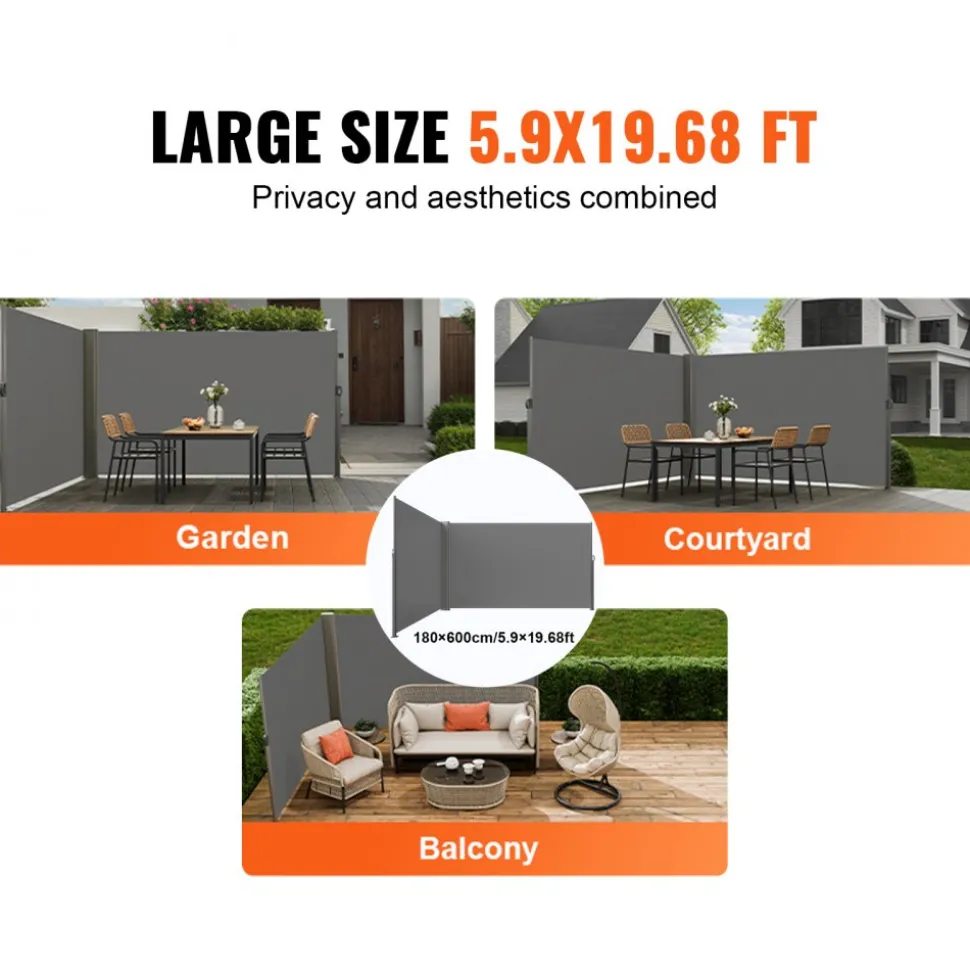 VEVOR Retractable Side Awning, 71''x 236'' Aluminum Outdoor Privacy Screen, 280g Polyester Water-proof Retractable Patio Screen, UV 30+ Room Divider Wind Screen for Patio, Backyard, Balcony, Gray