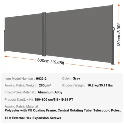 VEVOR Retractable Side Awning, 71''x 236'' Aluminum Outdoor Privacy Screen, 280g Polyester Water-proof Retractable Patio Screen, UV 30+ Room Divider Wind Screen for Patio, Backyard, Balcony, Gray