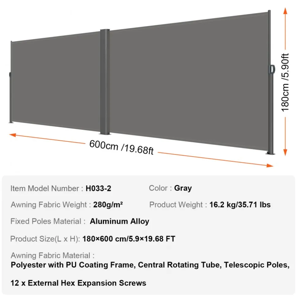 VEVOR Retractable Side Awning, 71''x 236'' Aluminum Outdoor Privacy Screen, 280g Polyester Water-proof Retractable Patio Screen, UV 30+ Room Divider Wind Screen for Patio, Backyard, Balcony, Gray