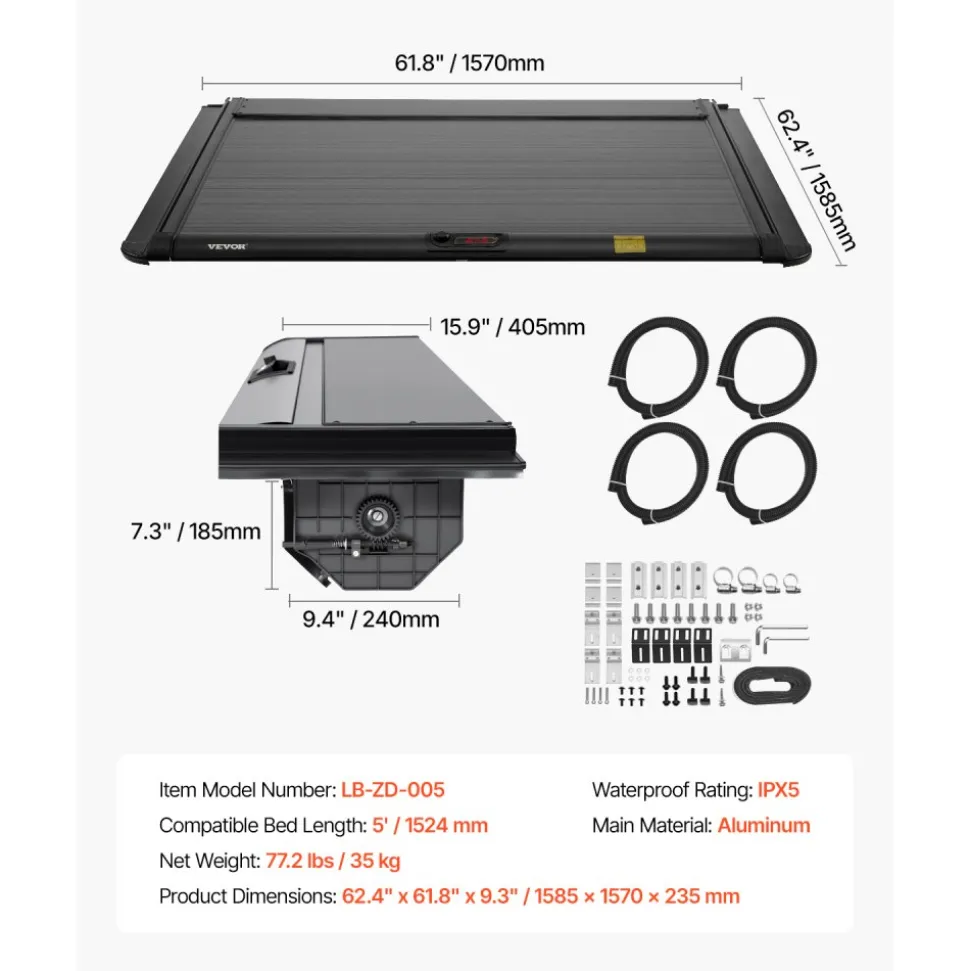 VEVOR Retractable Tonneau Cover, 5.0 ft Retractable Tonneau Cover with Built-in Drainage Pipe for 2021-2024 Toyota Tacoma Crew Cab w/ Deck Rail System , Hard Tonneau Cover with Double-Lock & T-Slot