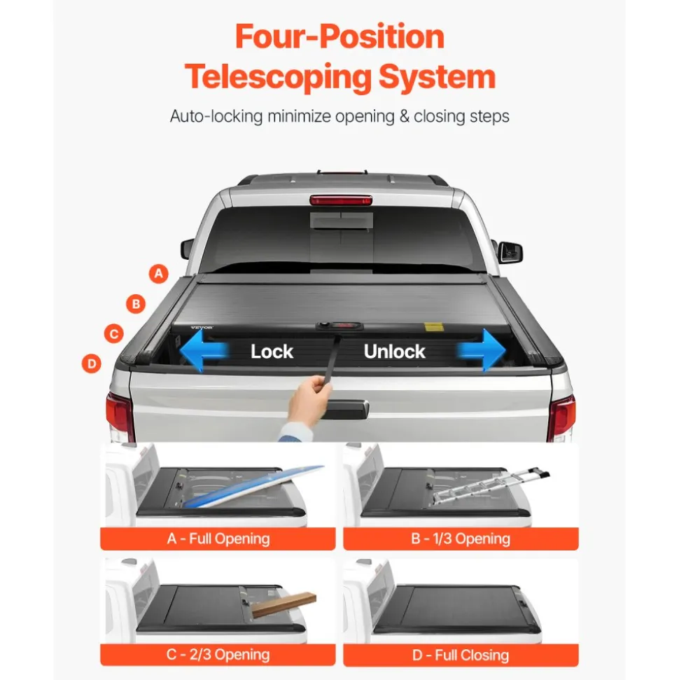 VEVOR Retractable Tonneau Cover, 5.0 ft Retractable Tonneau Cover with Built-in Drainage Pipe for 2021-2024 Toyota Tacoma Crew Cab w/ Deck Rail System , Hard Tonneau Cover with Double-Lock & T-Slot