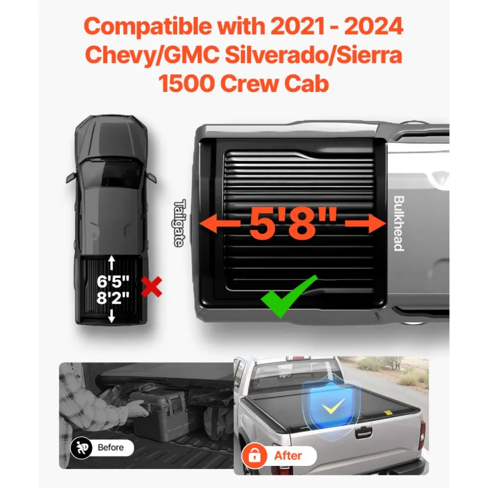 VEVOR Retractable Tonneau Cover, 5.8 ft Hard Tonneau Cover with Built-in Drainage Pipe for 2021-2024 Chevy/GMC Silverado/Sierra 1500 Crew Cab, Customized Hard Tonneau Cover with Double-Lock & T-Slot