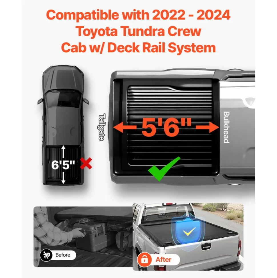 VEVOR Retractable Tonneau Cover, 5.5 ft Hard Tonneau Cover with Built-in Drainage Pipe for 2022 - 2024 Toyota Tundra Crew Cab w/ Deck Rail System , Hard Tonneau Cover with Double-Lock & T-Slot