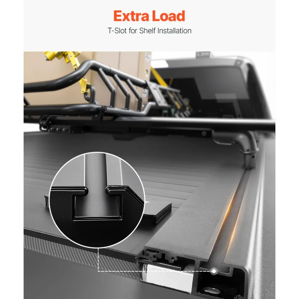 VEVOR Retractable Tonneau Cover, 5.5 ft Hard Tonneau Cover with Built-in Drainage Pipe for 2022 - 2024 Toyota Tundra Crew Cab w/ Deck Rail System , Hard Tonneau Cover with Double-Lock & T-Slot