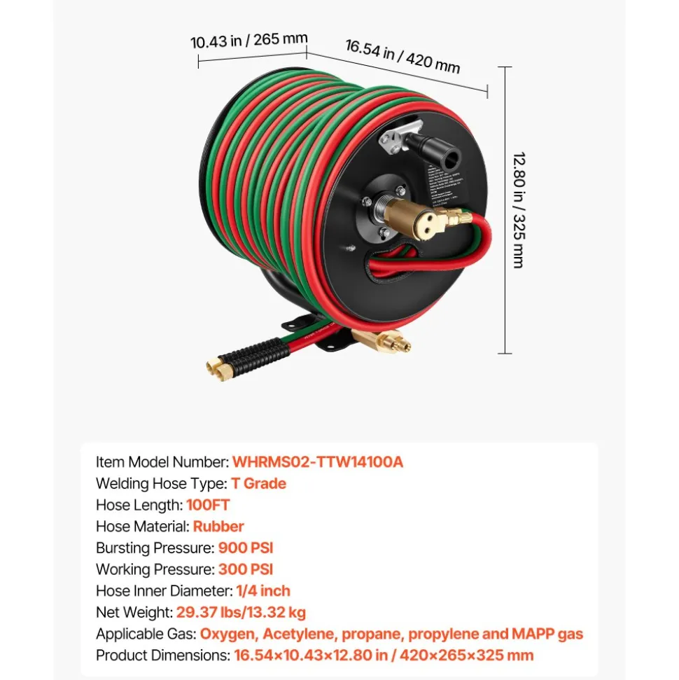 VEVOR Retractable Welding Hose Reel, 1/4-Inch x 50FT Twin Oxygen Acetylene Rubber Hose Max 300PSI - T Grade, Ceiling/Wall Mount Heavy Duty Steel Hose Reel Auto-Rewind, Ideal for Workshops Garages