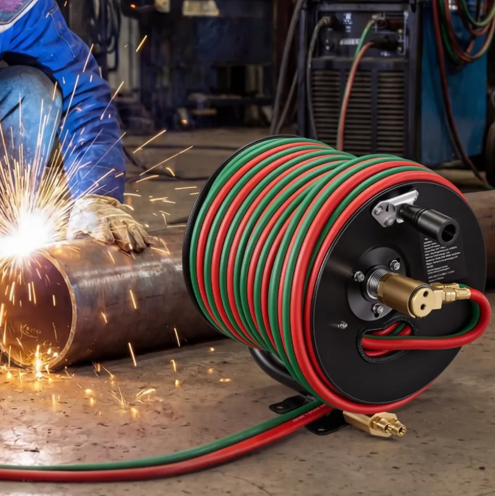 VEVOR Retractable Welding Hose Reel, 1/4-Inch x 50FT Twin Oxygen Acetylene Rubber Hose Max 300PSI - T Grade, Ceiling/Wall Mount Heavy Duty Steel Hose Reel Auto-Rewind, Ideal for Workshops Garages