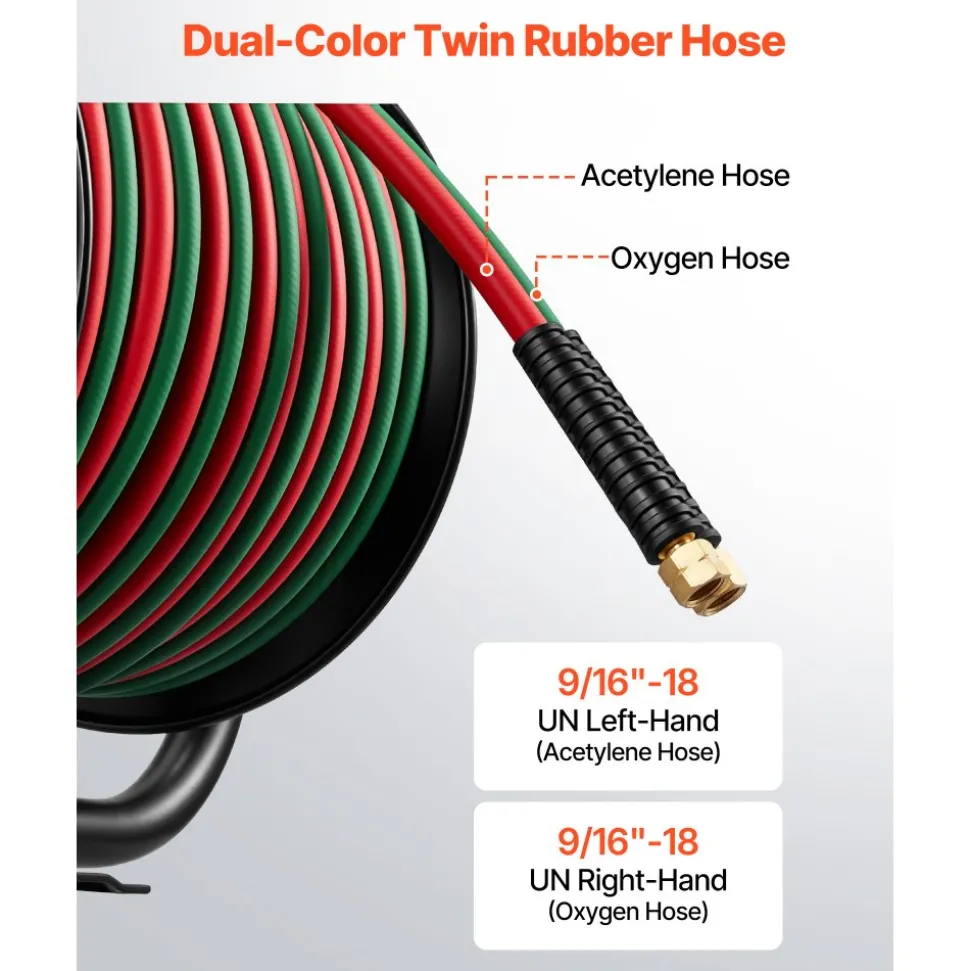 VEVOR Retractable Welding Hose Reel, 1/4-Inch x 50FT Twin Oxygen Acetylene Rubber Hose Max 300PSI - T Grade, Ceiling/Wall Mount Heavy Duty Steel Hose Reel Auto-Rewind, Ideal for Workshops Garages