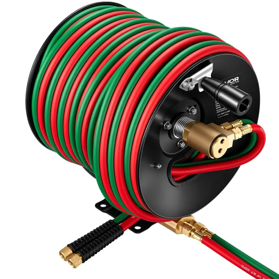 VEVOR Retractable Welding Hose Reel, 1/4-Inch x 50FT Twin Oxygen Acetylene Rubber Hose Max 300PSI - T Grade, Ceiling/Wall Mount Heavy Duty Steel Hose Reel Auto-Rewind, Ideal for Workshops Garages
