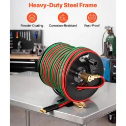 VEVOR Retractable Welding Hose Reel, 1/4-Inch x 50FT Twin Oxygen Acetylene Rubber Hose Max 300PSI - T Grade, Ceiling/Wall Mount Heavy Duty Steel Hose Reel Auto-Rewind, Ideal for Workshops Garages