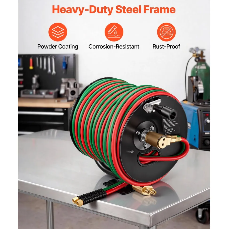 VEVOR Retractable Welding Hose Reel, 1/4-Inch x 50FT Twin Oxygen Acetylene Rubber Hose Max 300PSI - T Grade, Ceiling/Wall Mount Heavy Duty Steel Hose Reel Auto-Rewind, Ideal for Workshops Garages