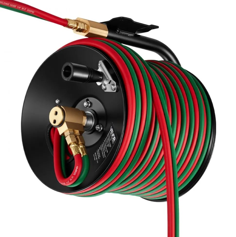 VEVOR Retractable Welding Hose Reel, 1/4-Inch x 50FT Twin Oxygen Acetylene Rubber Hose Max 300PSI - T Grade, Ceiling/Wall Mount Heavy Duty Steel Hose Reel Auto-Rewind, Ideal for Workshops Garages