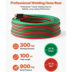 VEVOR Retractable Welding Hose Reel, 1/4-Inch x 50FT Twin Oxygen Acetylene Rubber Hose Max 300PSI - T Grade, Ceiling/Wall Mount Heavy Duty Steel Hose Reel Auto-Rewind, Ideal for Workshops Garages
