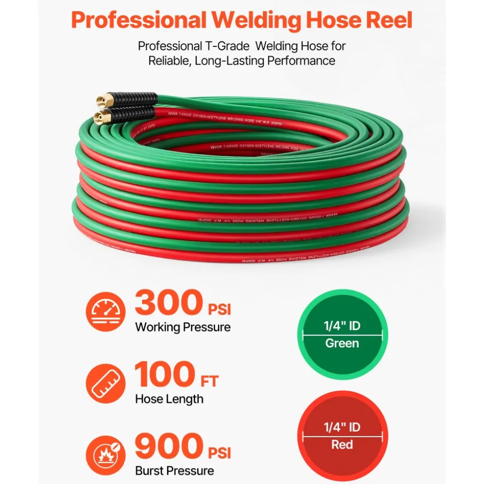 VEVOR Retractable Welding Hose Reel, 1/4-Inch x 50FT Twin Oxygen Acetylene Rubber Hose Max 300PSI - T Grade, Ceiling/Wall Mount Heavy Duty Steel Hose Reel Auto-Rewind, Ideal for Workshops Garages